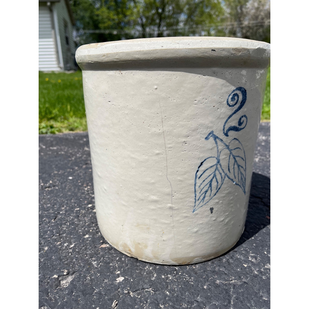 Antique circa 1896-1906 2 Gallon Red Wing Stoneware Crock Blue Cobalt Birch Leaf