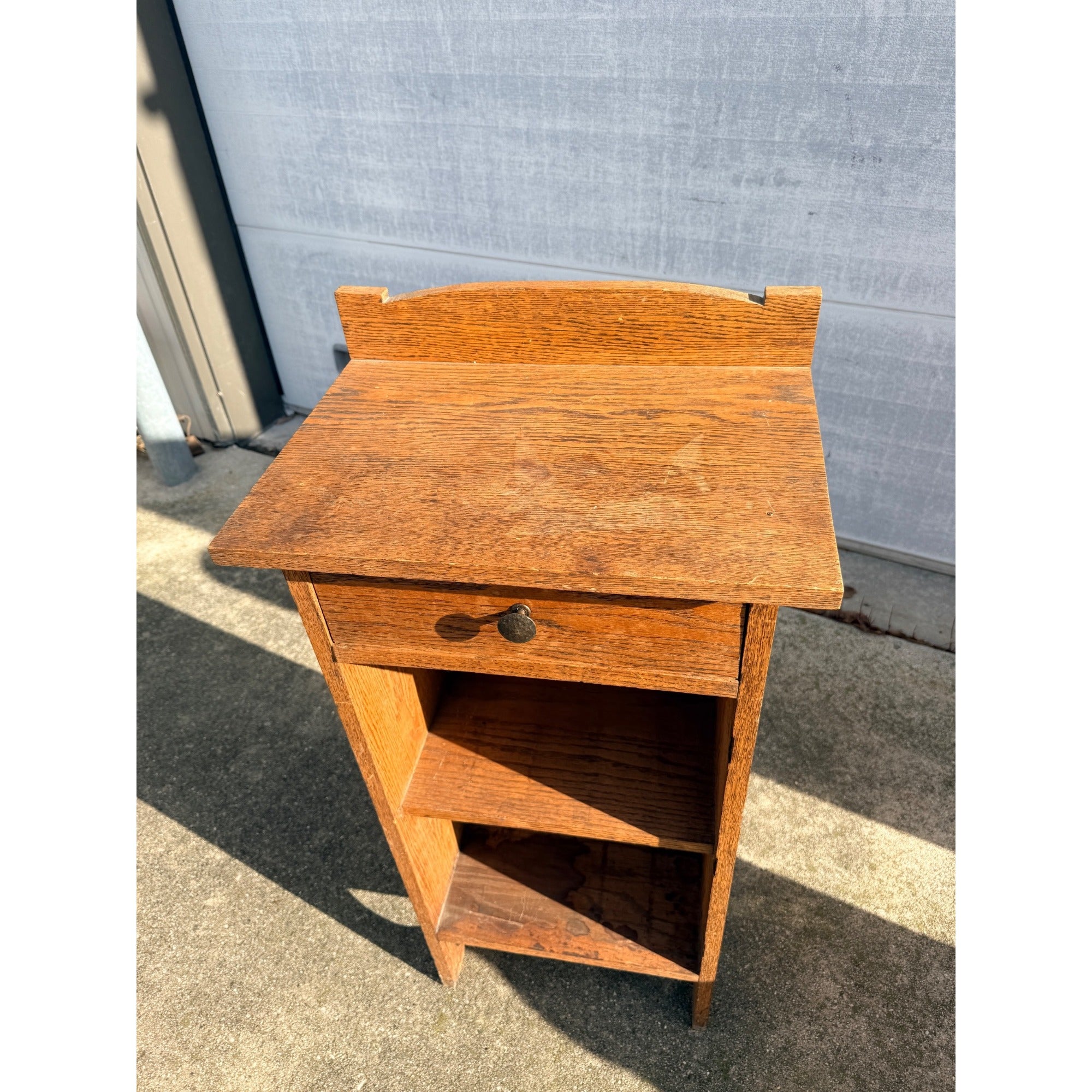 Vintage One-Drawer Oak Wooden Media Display Shelf