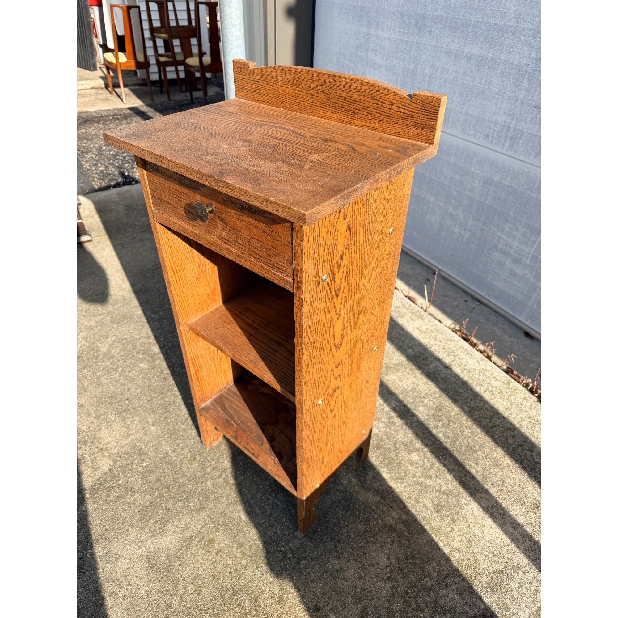 Vintage One-Drawer Oak Wooden Media Display Shelf