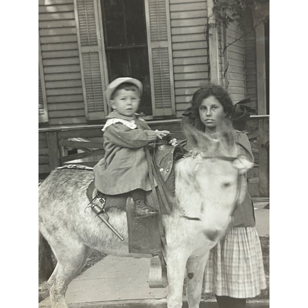 Young Child Riding Donkey Mule Cap Gun Toy RPPC Real Photo Postcard