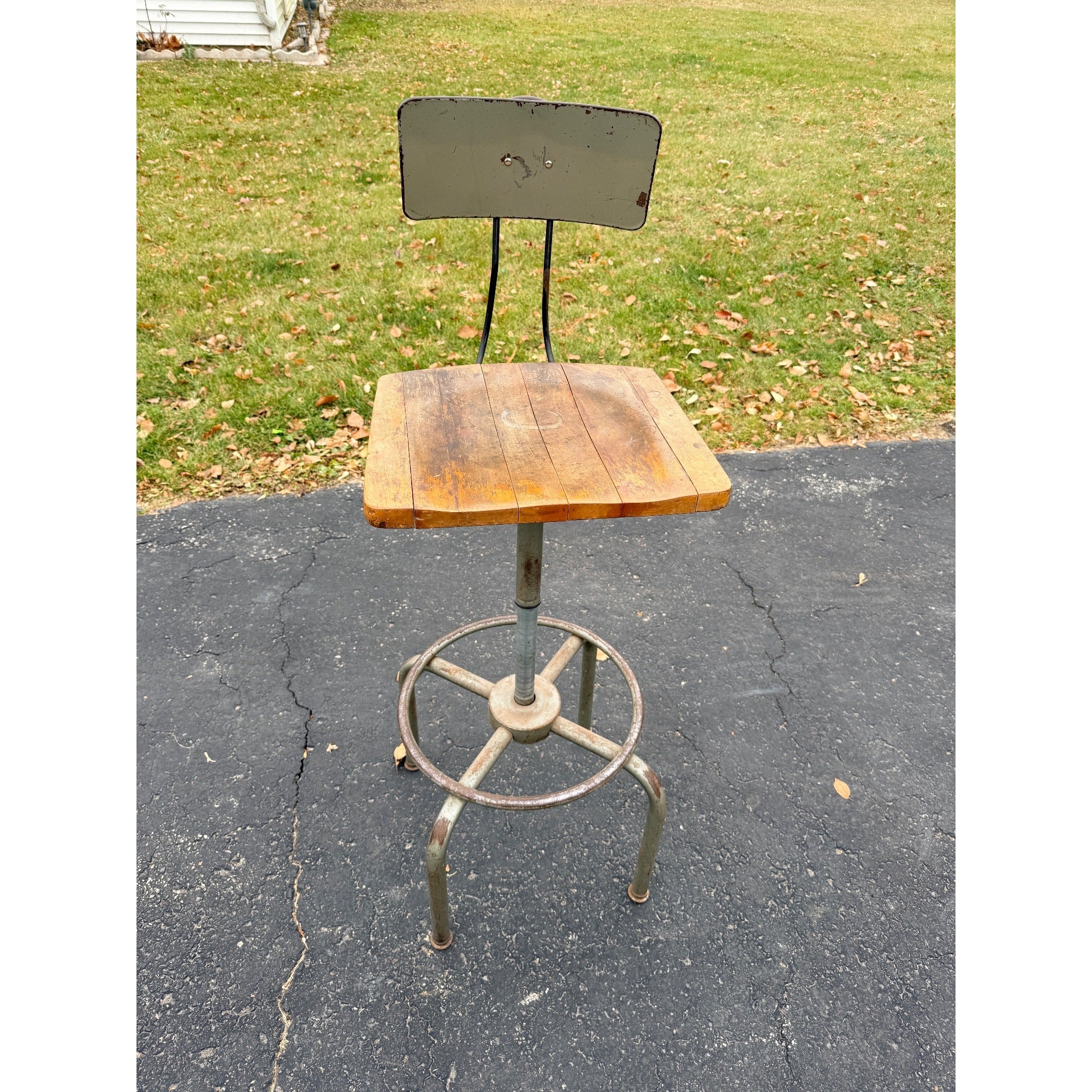 Vintage Wood & Metal Adjustable Hobbyist Workbench Stool Seat Chair + Backrest