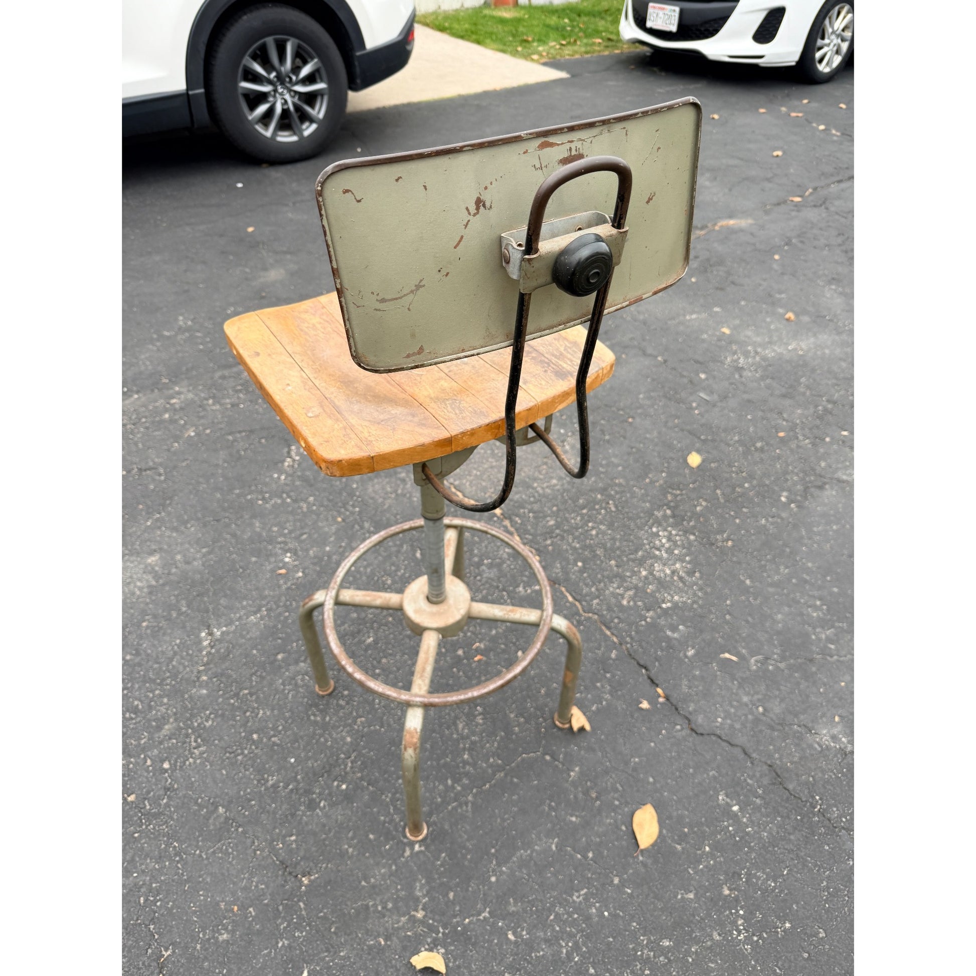 Vintage Wood & Metal Adjustable Hobbyist Workbench Stool Seat Chair + Backrest