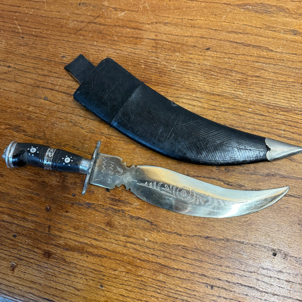 Vintage India Curved Kukri Style Knife Dagger Etched Blade w/ Sheath Ornate