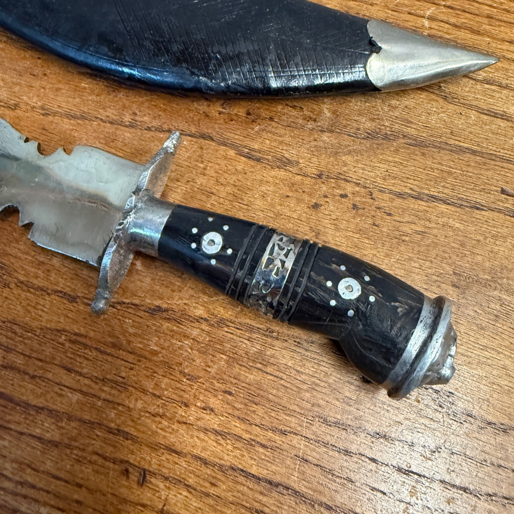 Vintage India Curved Kukri Style Knife Dagger Etched Blade w/ Sheath Ornate