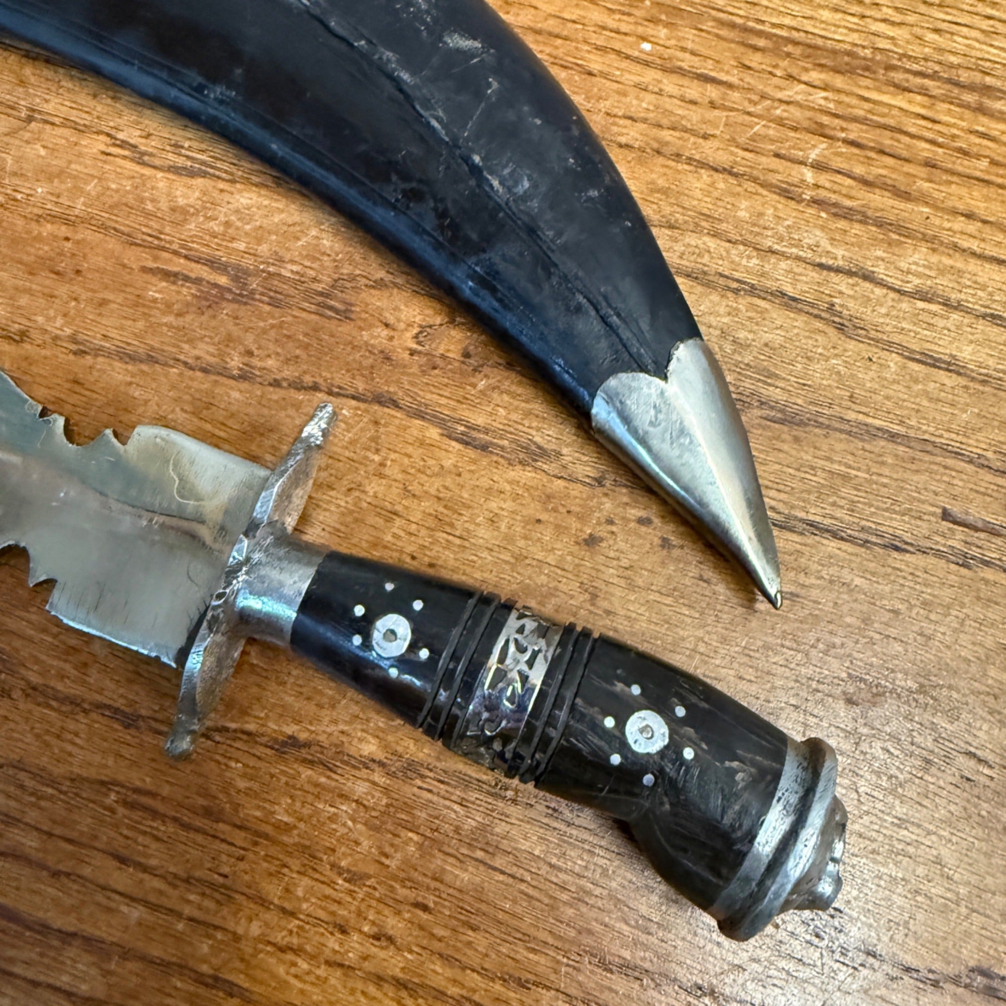 Vintage India Curved Kukri Style Knife Dagger Etched Blade w/ Sheath Ornate