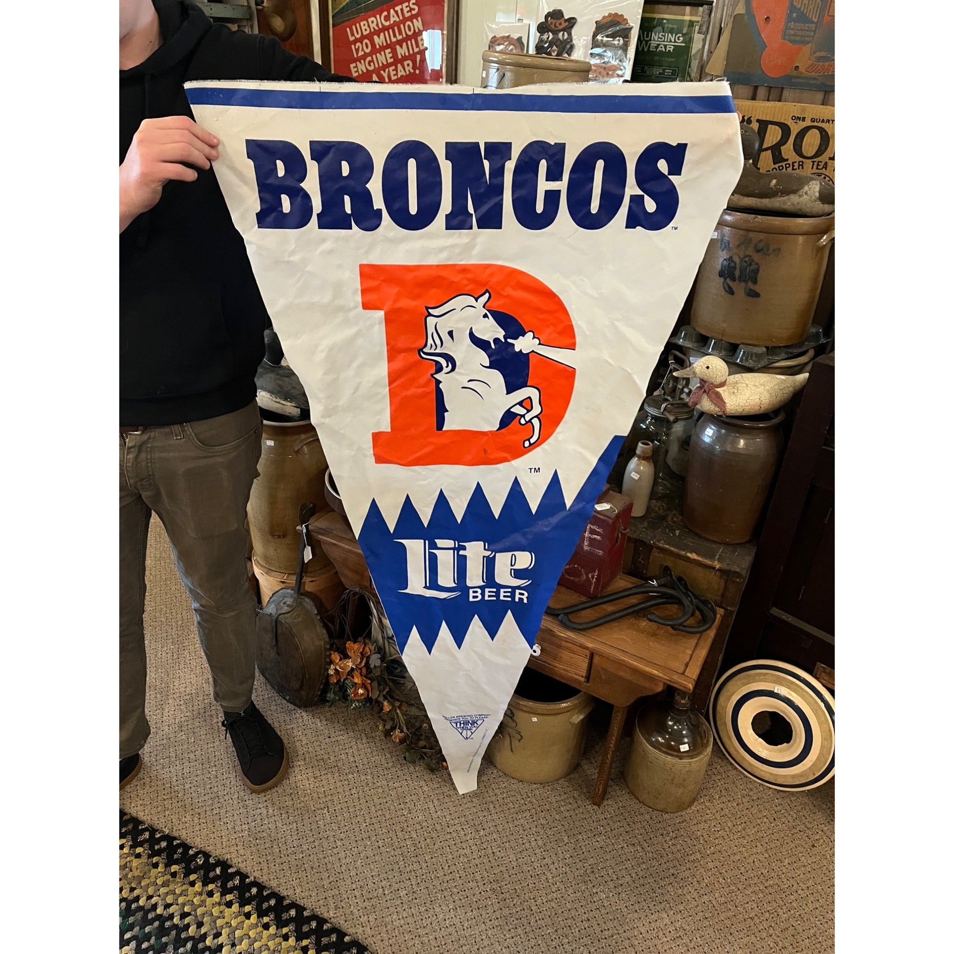 Vintage 1990s Miller Lite Beer Denver Broncos Bar NFL Pennant Flag Banner
