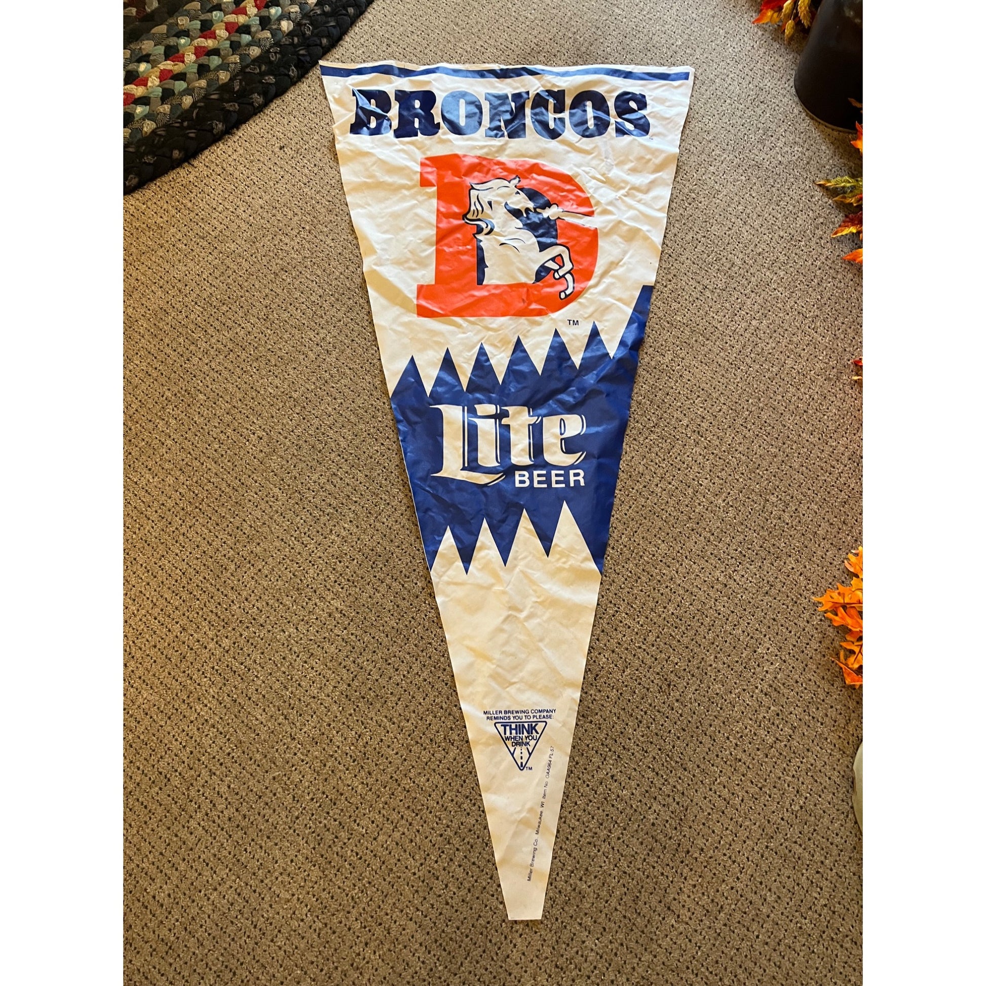 Vintage 1990s Miller Lite Beer Denver Broncos Bar NFL Pennant Flag Banner