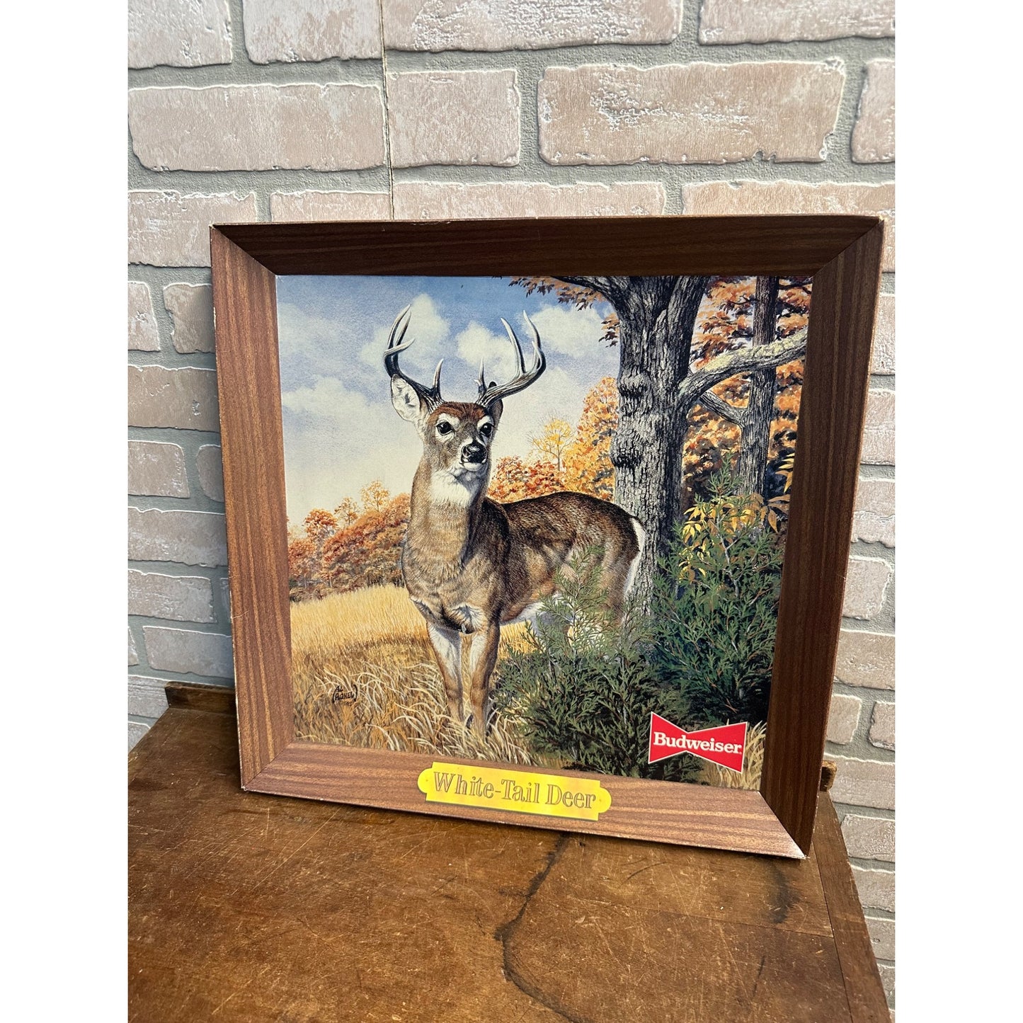 VINTAGE BUDWEISER SELF-FRAMED WHITETAIL DEER CARDBOARD SIGN 18X18 RARE + BASS