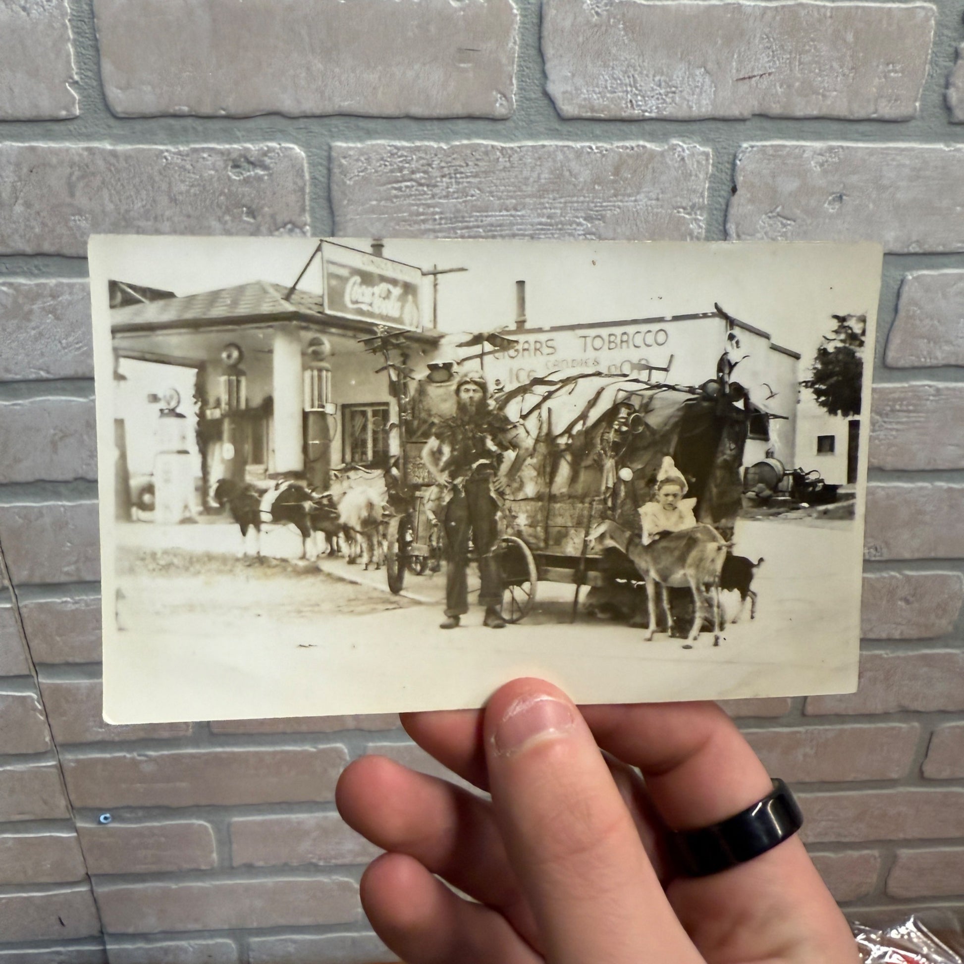 Vintage RPPC Posctard Barton Wisconsin Gas Service Station Man w/ Goat Wagon