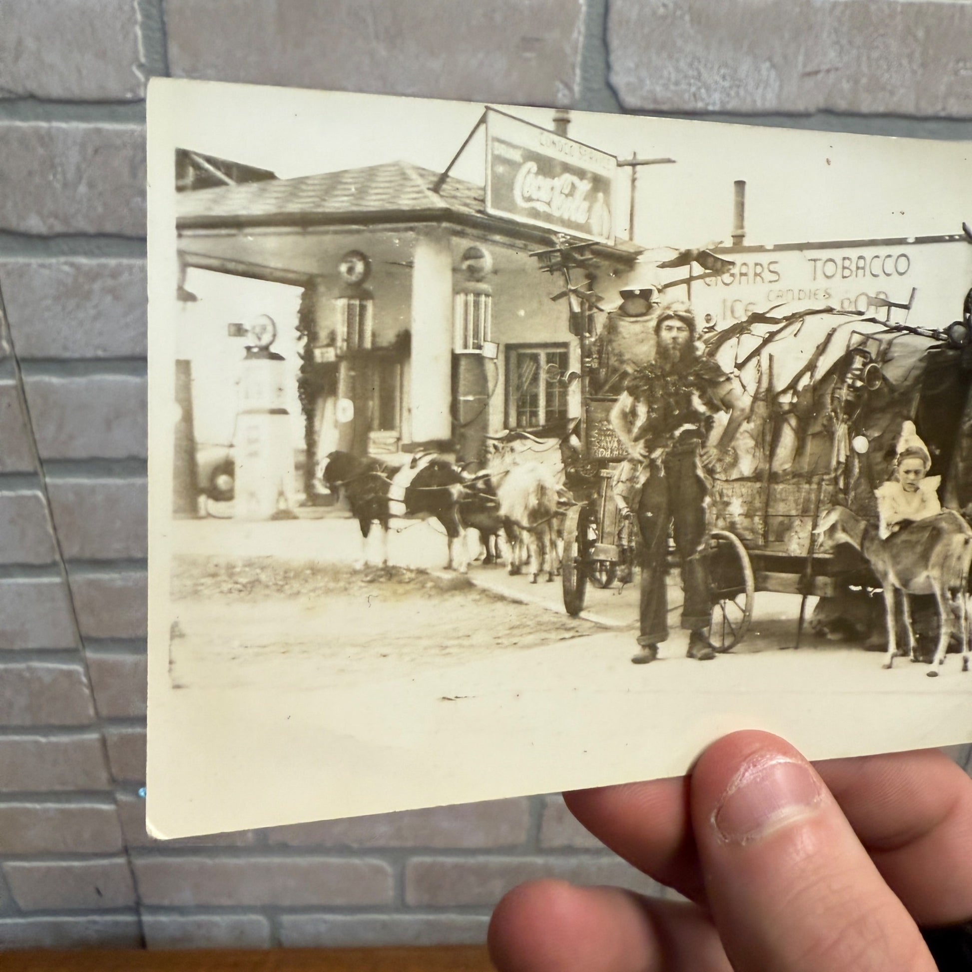 Vintage RPPC Posctard Barton Wisconsin Gas Service Station Man w/ Goat Wagon