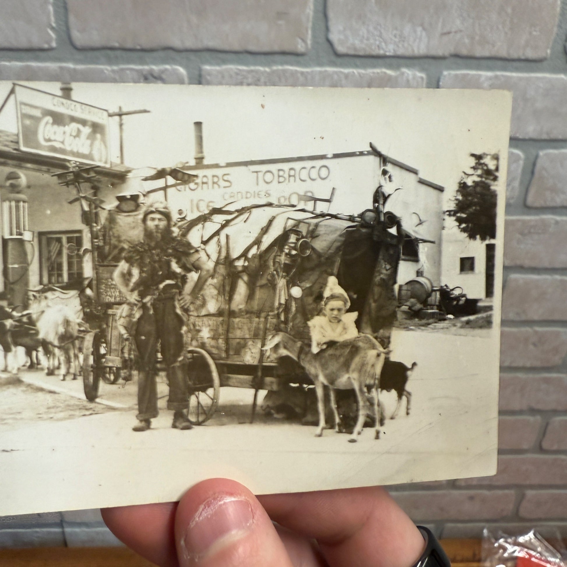 Vintage RPPC Posctard Barton Wisconsin Gas Service Station Man w/ Goat Wagon