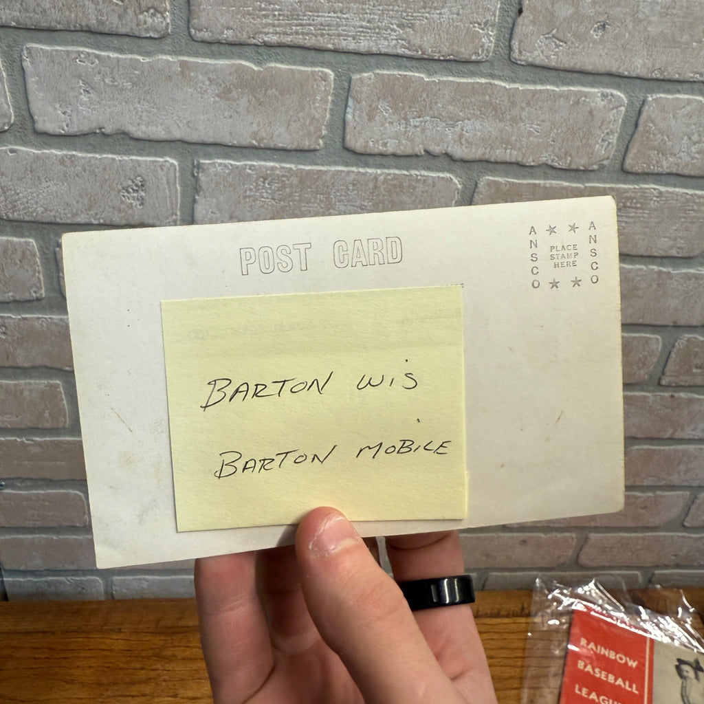 Vintage RPPC Posctard Barton Wisconsin Gas Service Station Man w/ Goat Wagon