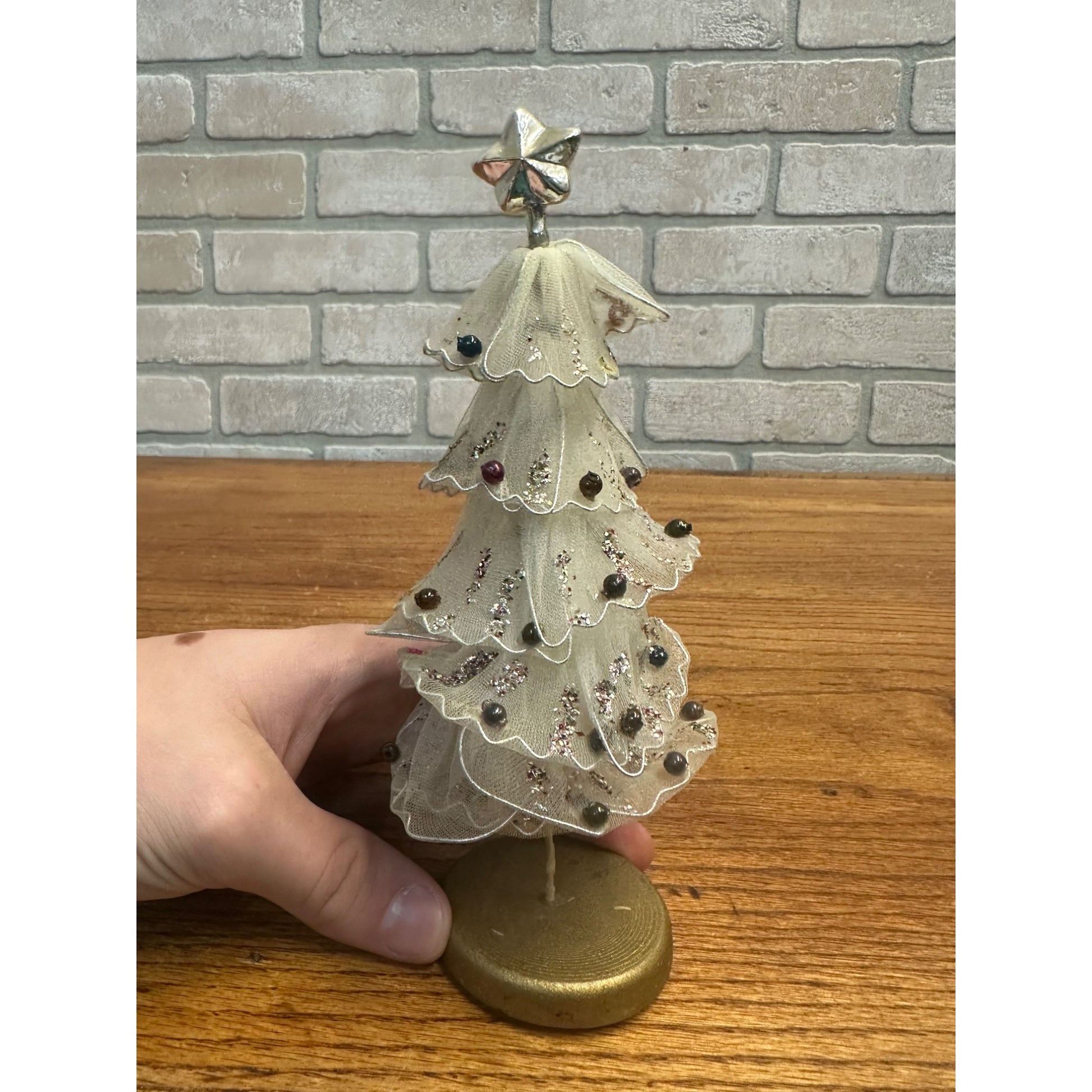 Vintage Tulle Mesh Doll House Mini Glass Ornaments 7.5" Christmas Tree Japan