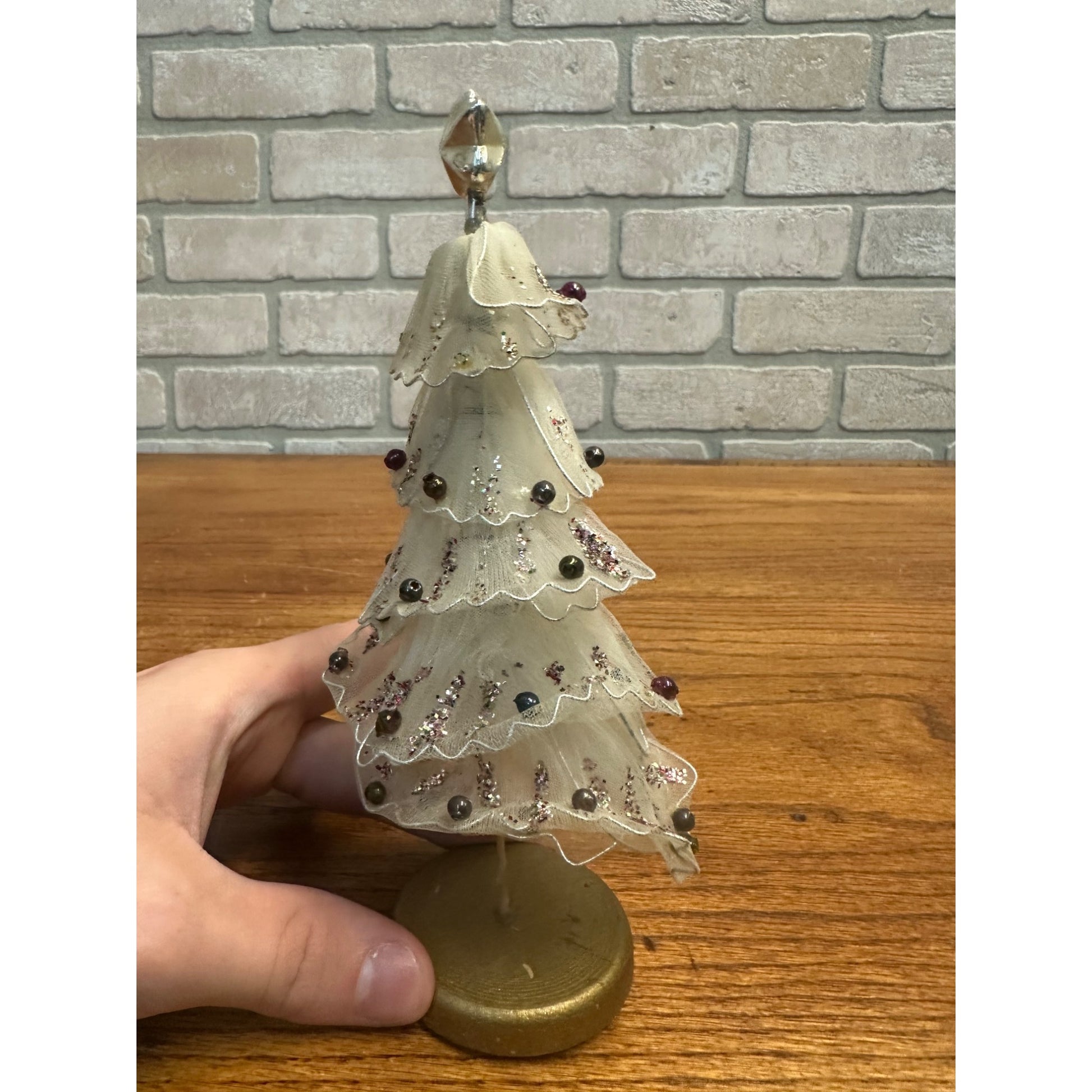 Vintage Tulle Mesh Doll House Mini Glass Ornaments 7.5" Christmas Tree Japan