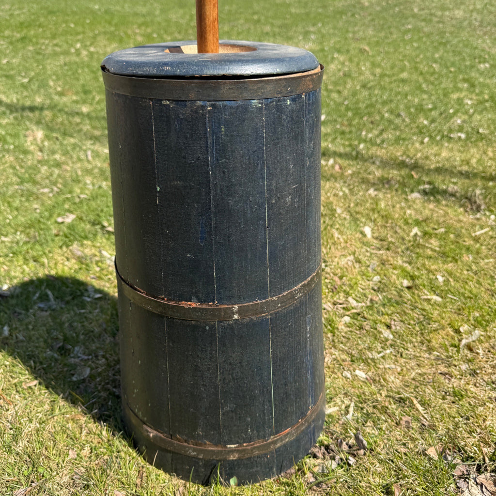 Antique Primitive Wooden Butter Churn Farmhouse Black Dark Blue
