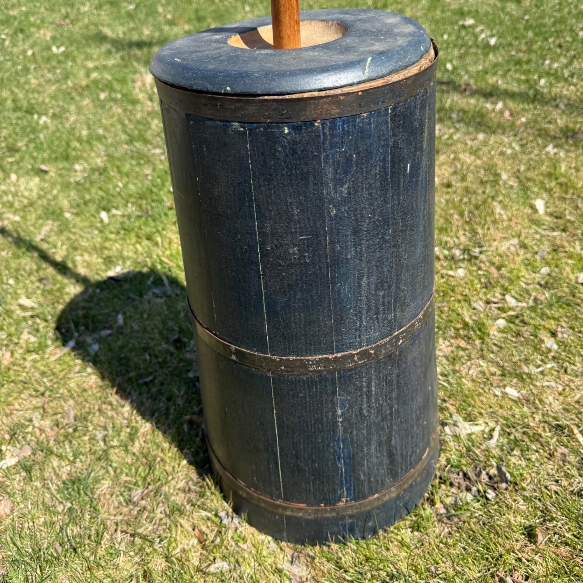 Antique Primitive Wooden Butter Churn Farmhouse Black Dark Blue