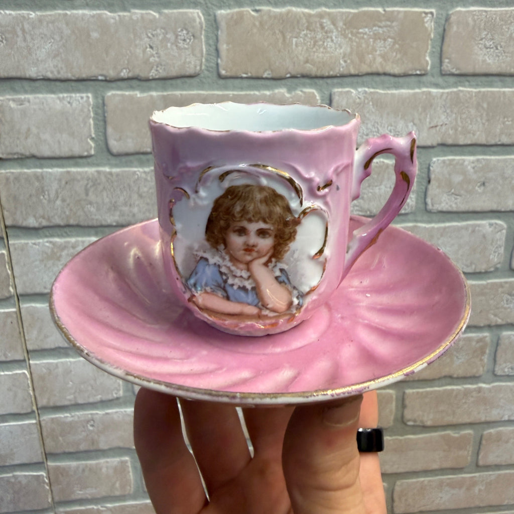 Antique Pink Porcelain Demitasse Cup & Saucer With Hand-Painted Child Portrait