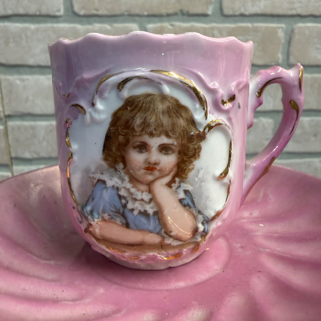 Antique Pink Porcelain Demitasse Cup & Saucer With Hand-Painted Child Portrait