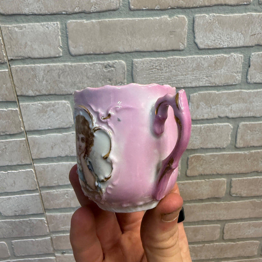 Antique Pink Porcelain Demitasse Cup & Saucer With Hand-Painted Child Portrait