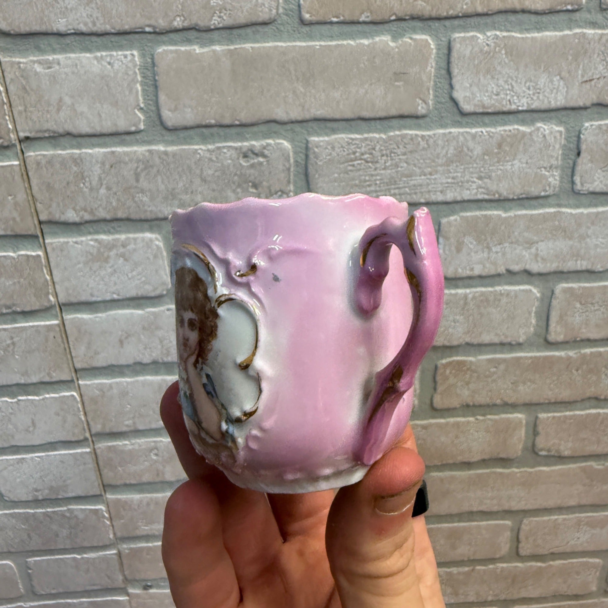 Antique Pink Porcelain Demitasse Cup & Saucer With Hand-Painted Child Portrait