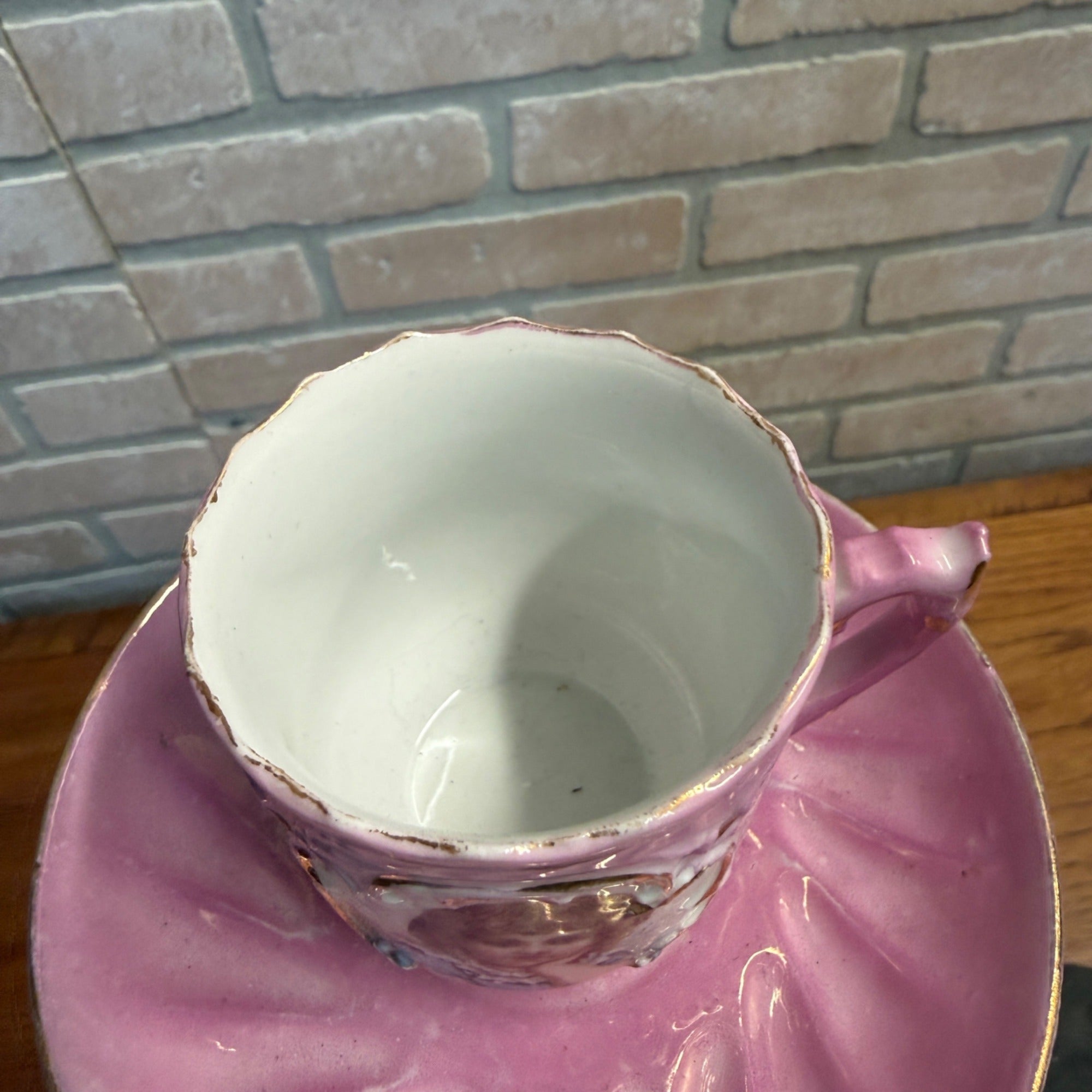 Antique Pink Porcelain Demitasse Cup & Saucer With Hand-Painted Child Portrait