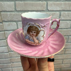 Antique Pink Porcelain Demitasse Cup & Saucer With Hand-Painted Child Portrait