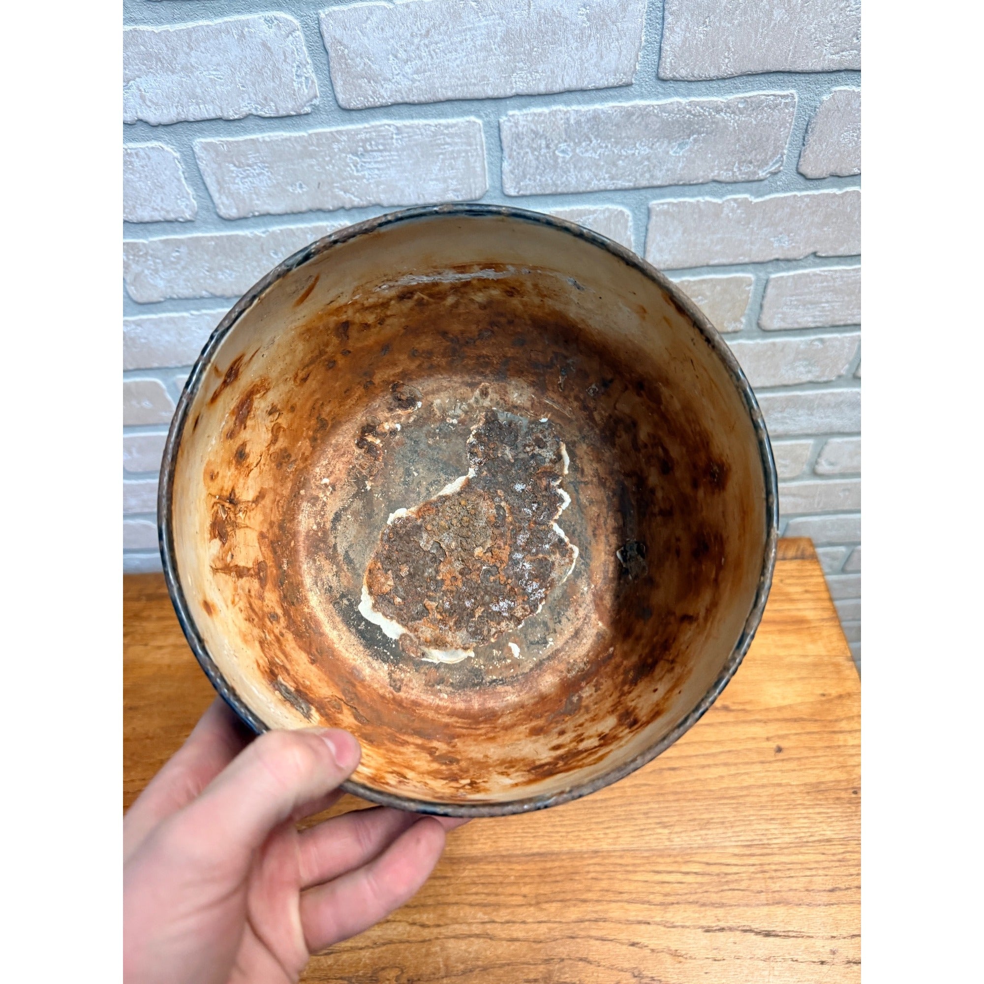 Antique Vintage Enamelware Blue White Swirl Bowl 8" Planter Farmhouse Rustic