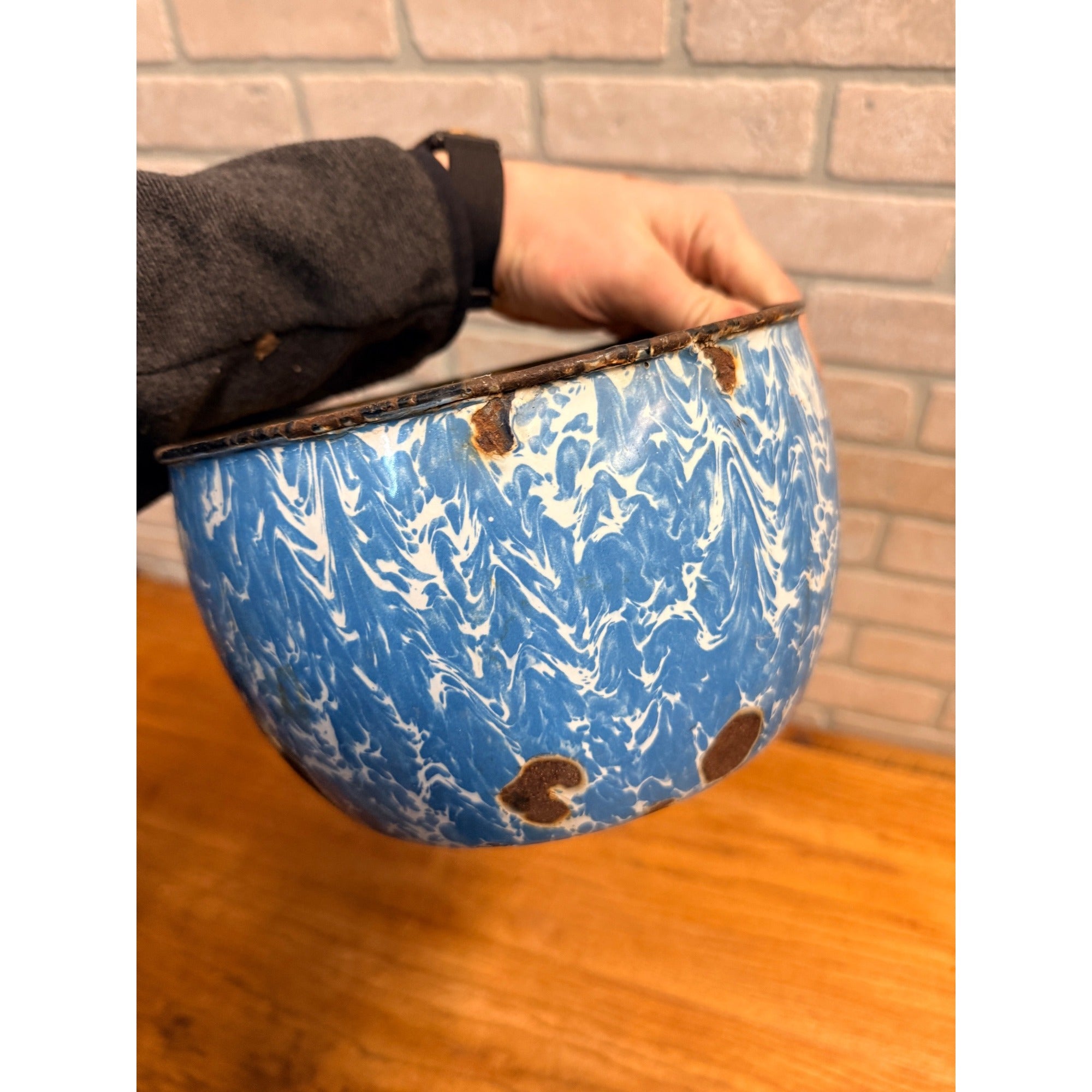 Antique Vintage Enamelware Blue White Swirl Bowl 8" Planter Farmhouse Rustic