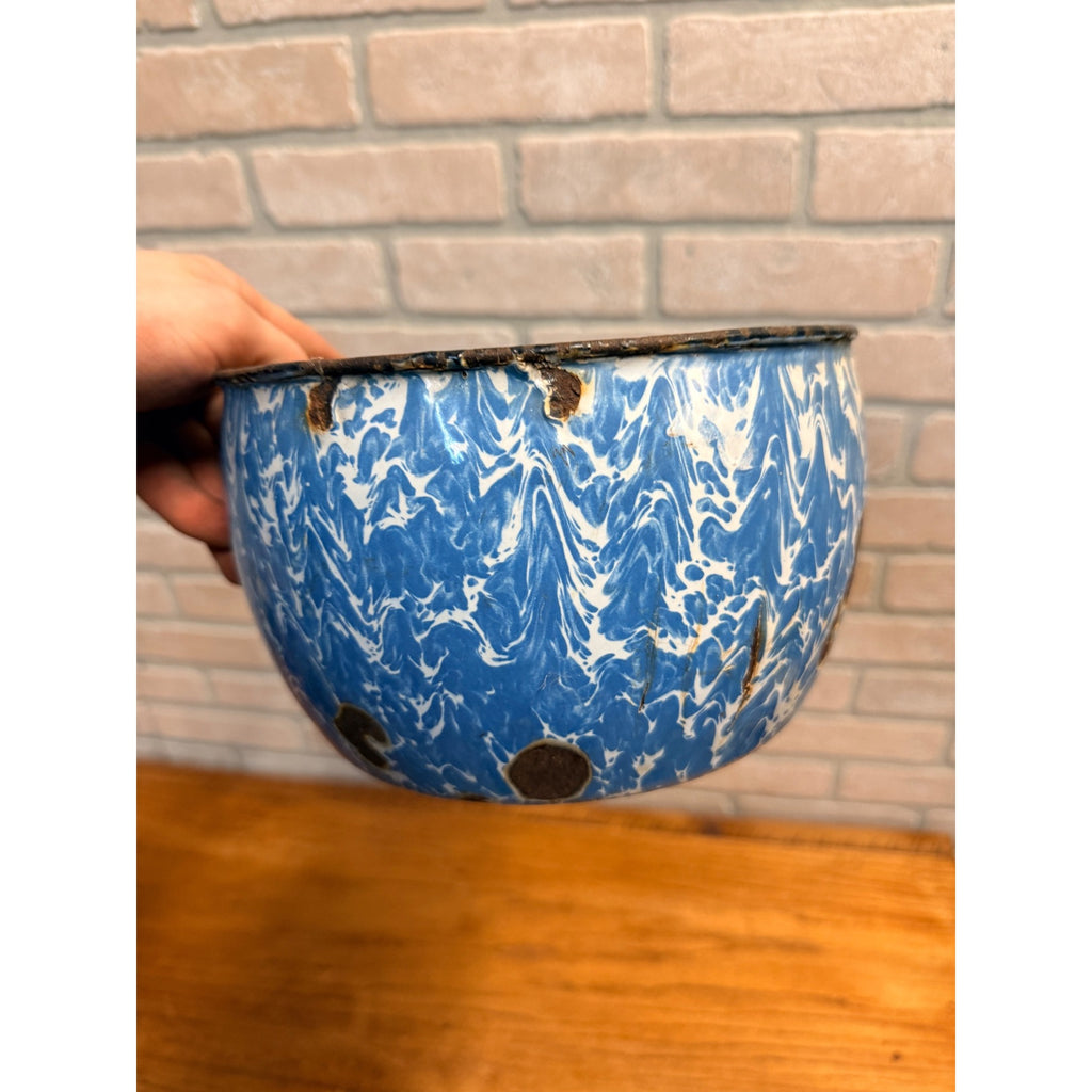 Antique Vintage Enamelware Blue White Swirl Bowl 8" Planter Farmhouse Rustic