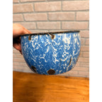 Antique Vintage Enamelware Blue White Swirl Bowl 8" Planter Farmhouse Rustic
