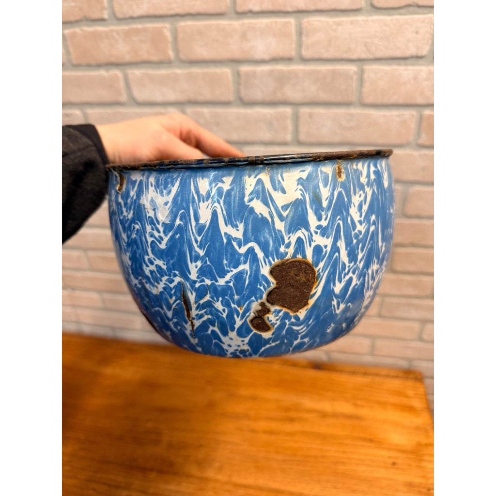 Antique Vintage Enamelware Blue White Swirl Bowl 8" Planter Farmhouse Rustic