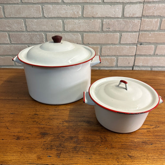 (2) VIntage Large Stock Pots Red & White Enamelware w/ Lids Enamel Kitchen Decor