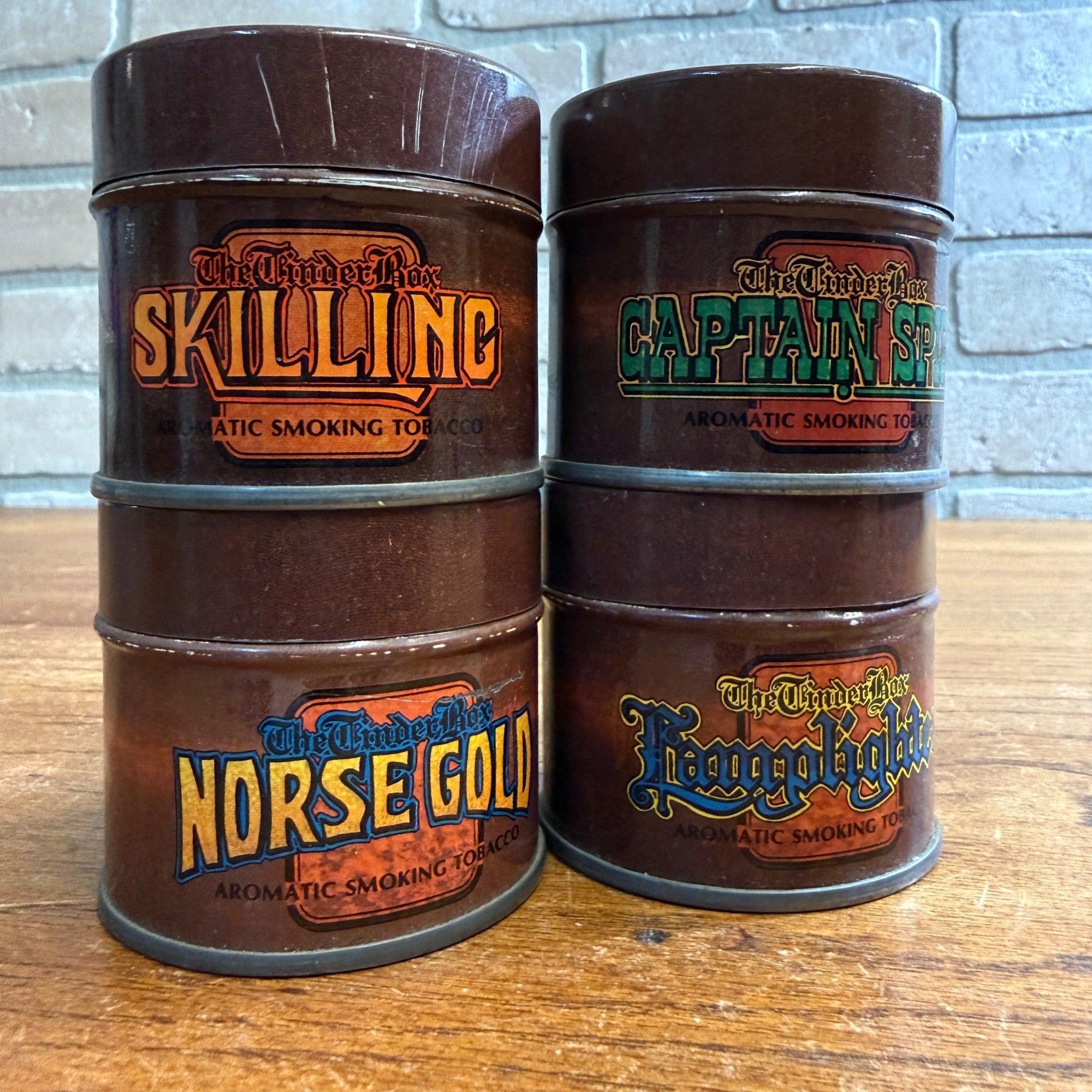 Vintage The Tinder Box Tobacco Tins lot of 4 Captain Spice Lamplighter Norse Gold