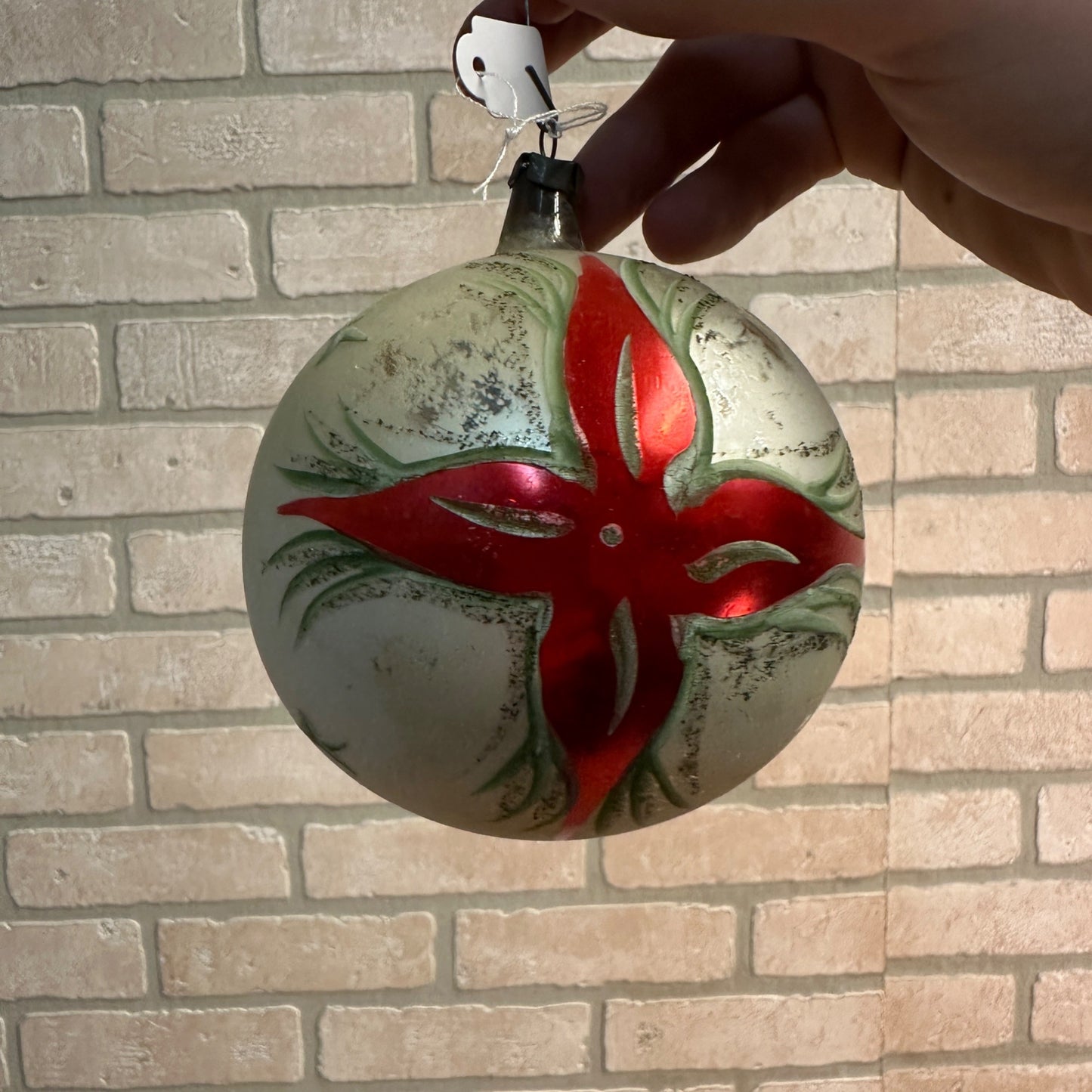 Large 4" DIameter Vintage Mercury Glass Ornament w/ Poinsettia Christmas