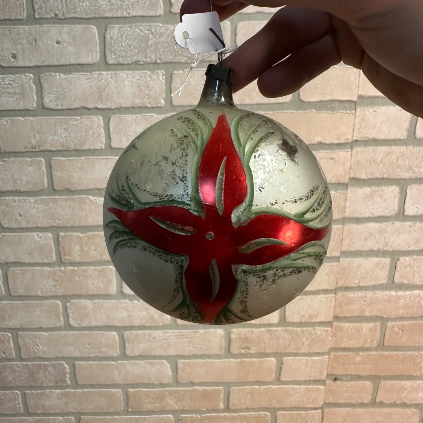 Large 4" DIameter Vintage Mercury Glass Ornament w/ Poinsettia Christmas