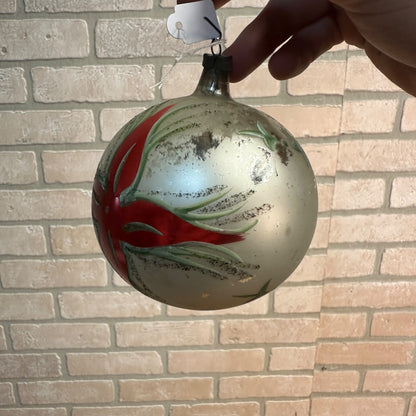 Large 4" DIameter Vintage Mercury Glass Ornament w/ Poinsettia Christmas