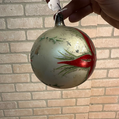 Large 4" DIameter Vintage Mercury Glass Ornament w/ Poinsettia Christmas