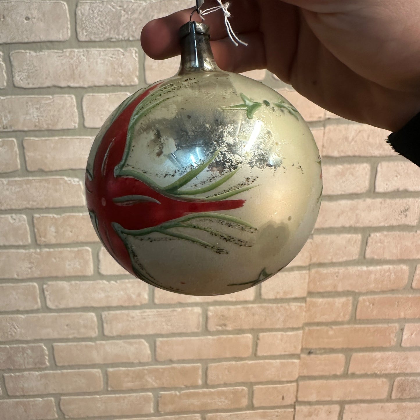 Large 4" DIameter Vintage Mercury Glass Ornament w/ Poinsettia Christmas