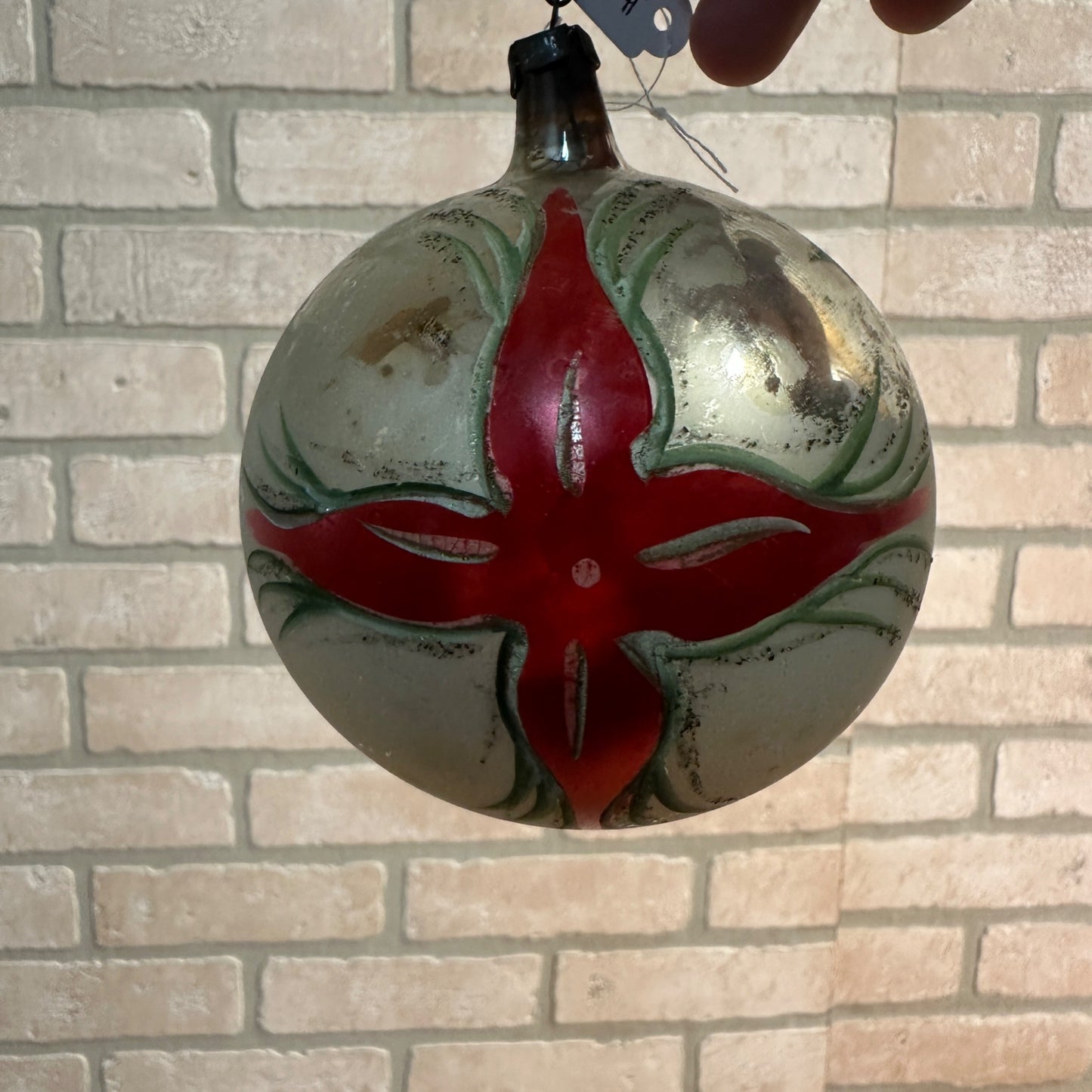 Large 4" DIameter Vintage Mercury Glass Ornament w/ Poinsettia Christmas