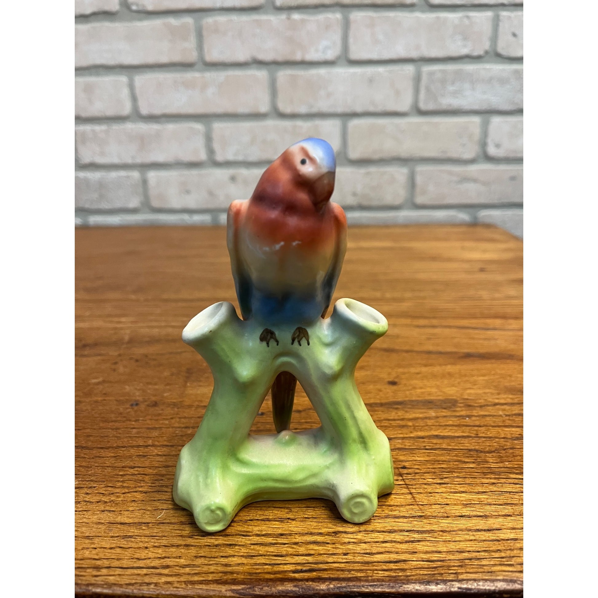 Vintage Bird Parrot Flower Double Bud Vase Czech Czechoslovakia Matte