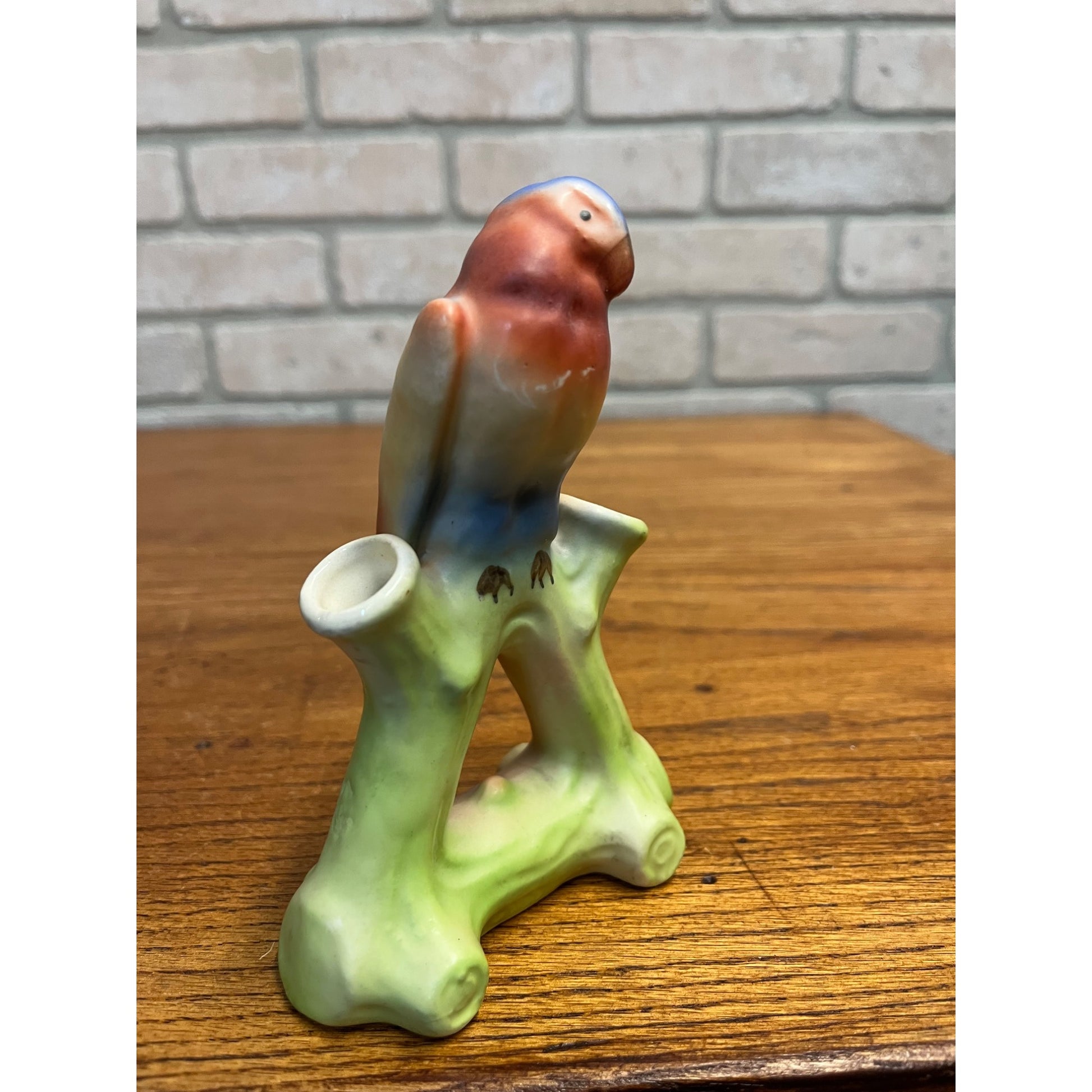 Vintage Bird Parrot Flower Double Bud Vase Czech Czechoslovakia Matte