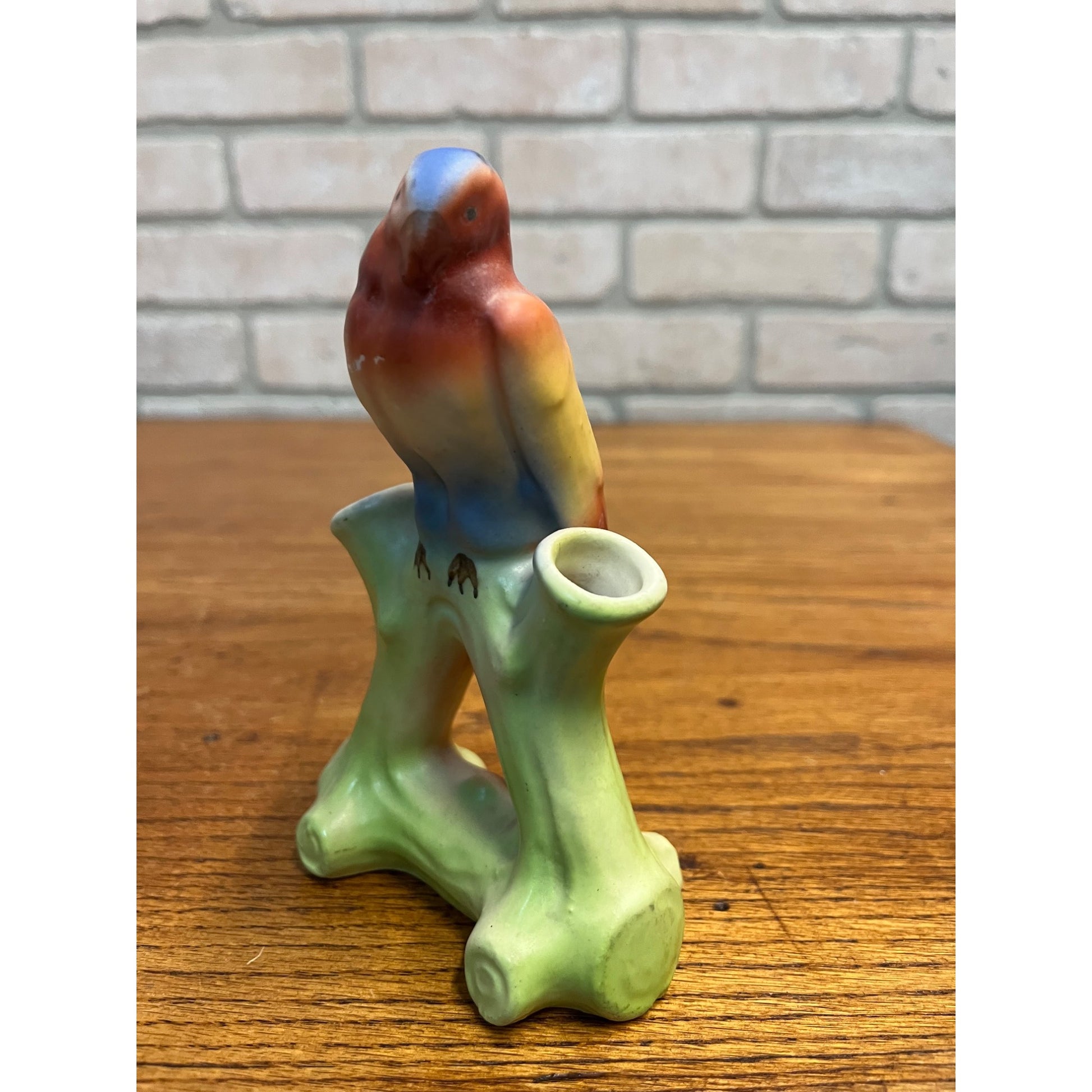 Vintage Bird Parrot Flower Double Bud Vase Czech Czechoslovakia Matte