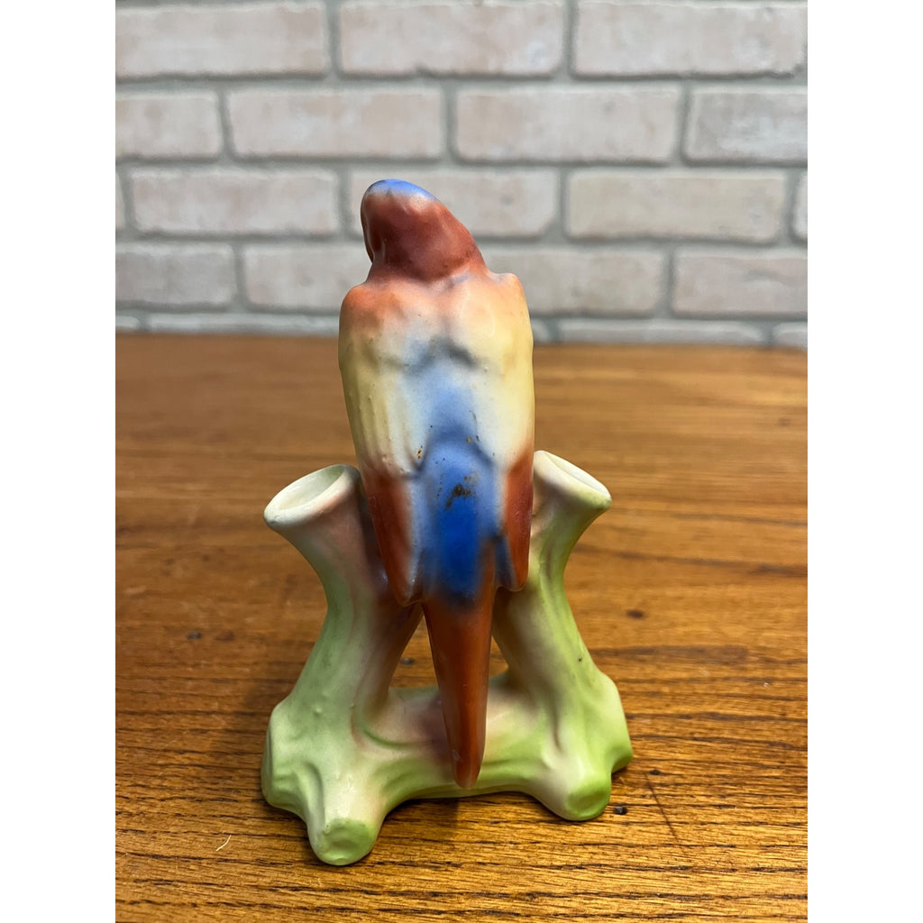 Vintage Bird Parrot Flower Double Bud Vase Czech Czechoslovakia Matte