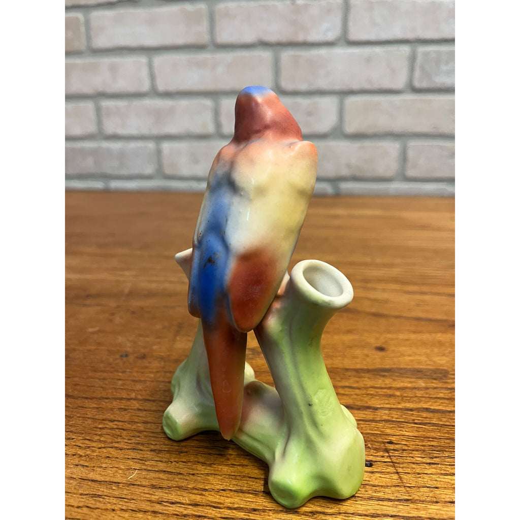 Vintage Bird Parrot Flower Double Bud Vase Czech Czechoslovakia Matte