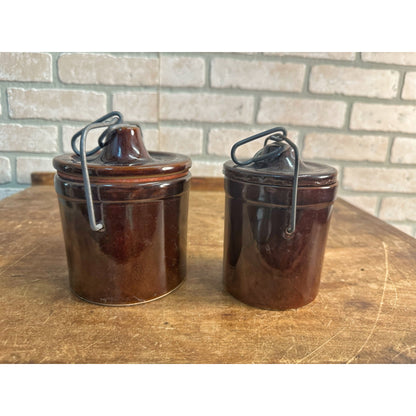 Antique Primitive Brown Stoneware Cheese / Butter Crocks Jars Wire Bail Closure