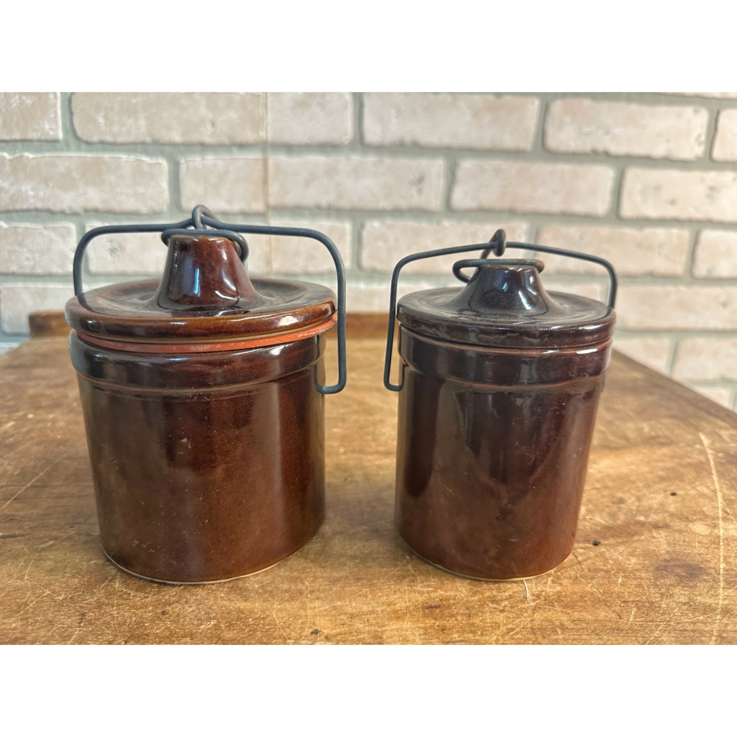 Antique Primitive Brown Stoneware Cheese / Butter Crocks Jars Wire Bail Closure