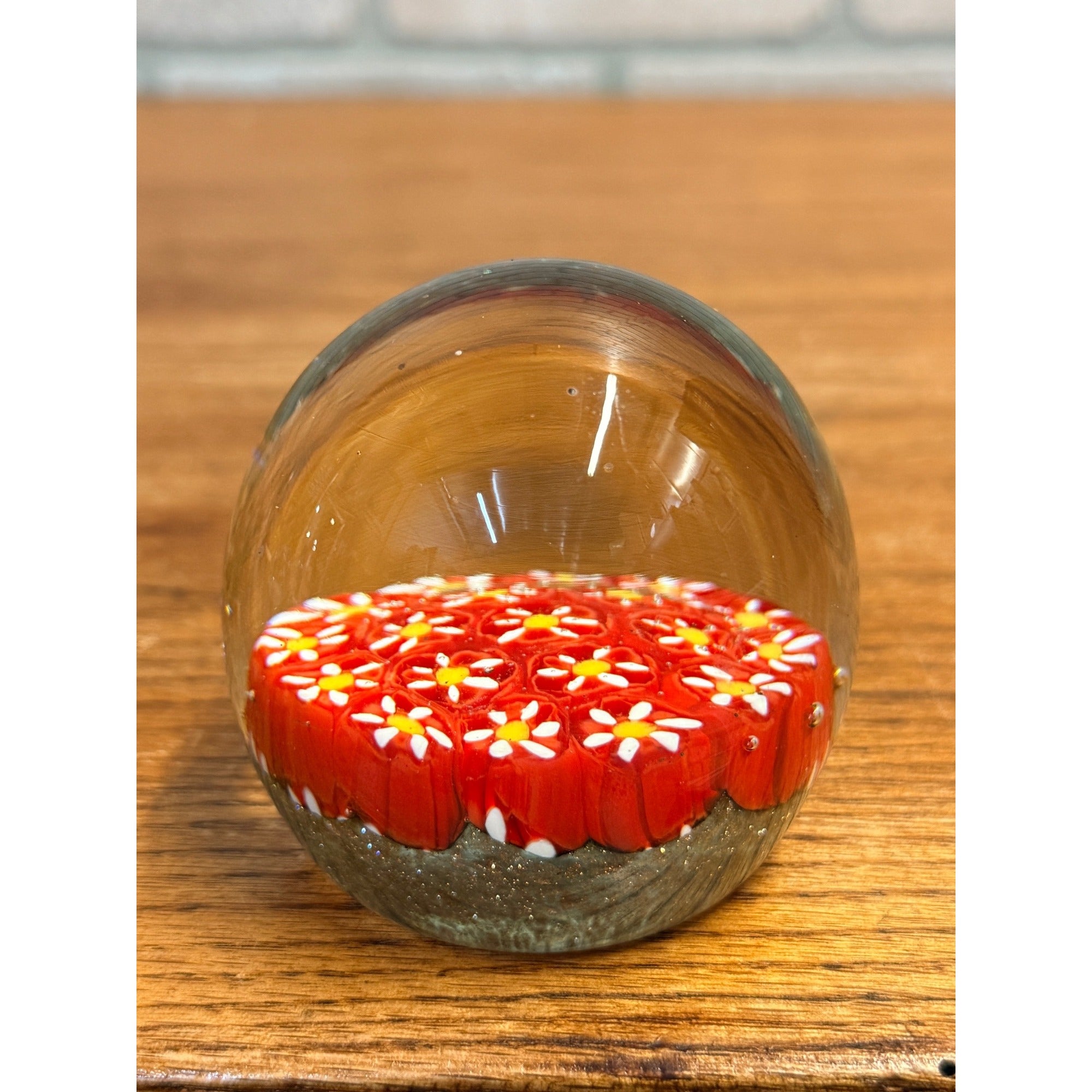 Vintage Murano Millefiori Glass Paperweight Red Flowers
