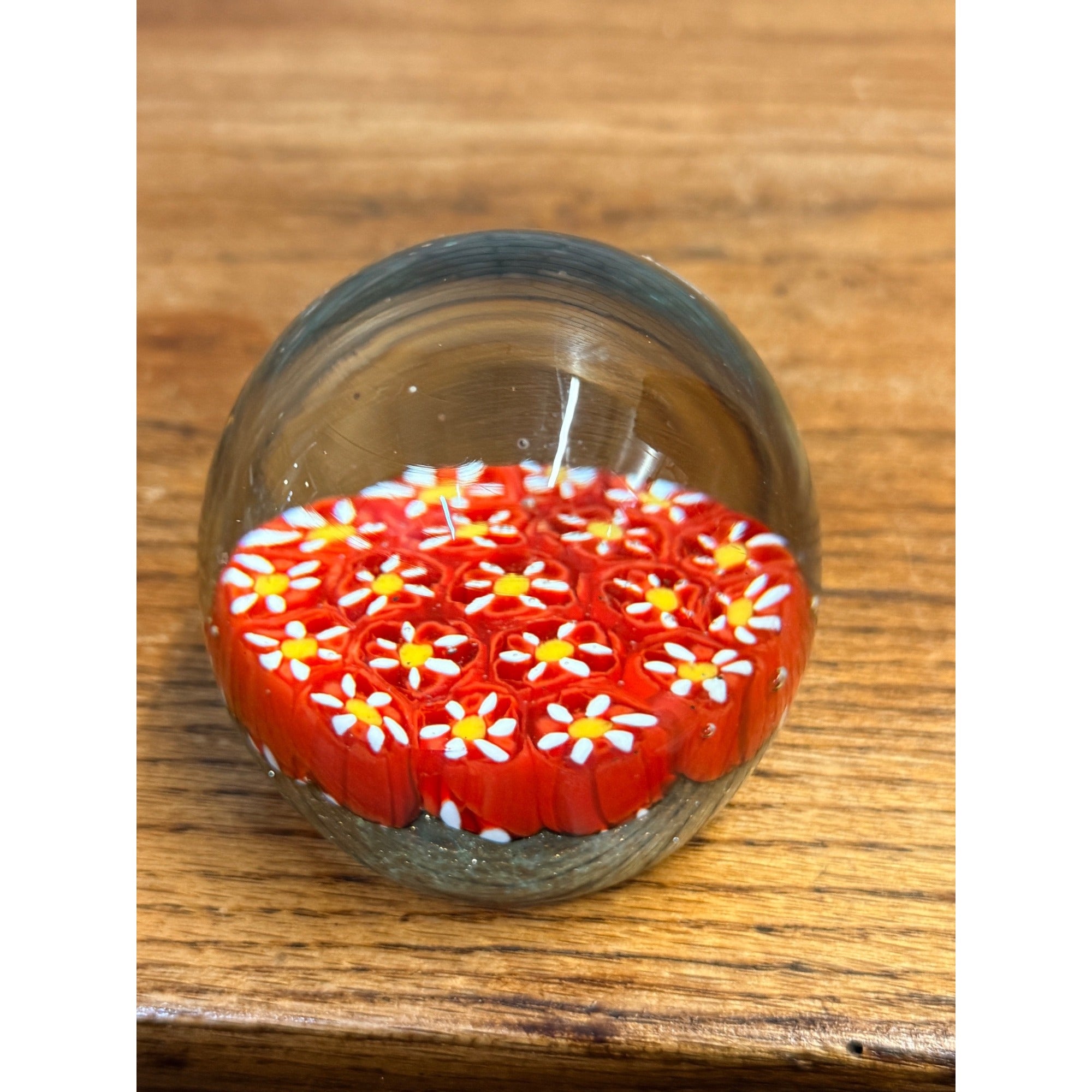 Vintage Murano Millefiori Glass Paperweight Red Flowers
