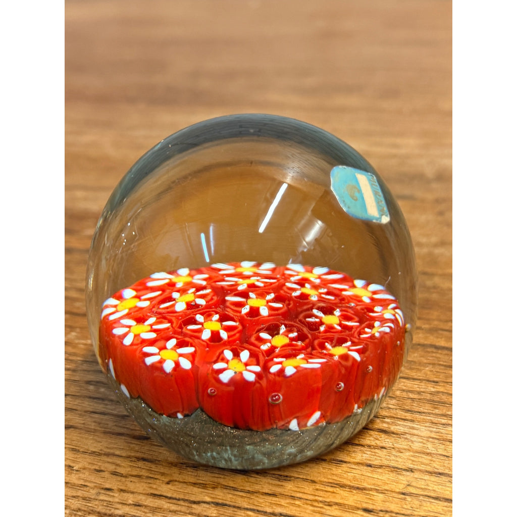 Vintage Murano Millefiori Glass Paperweight Red Flowers