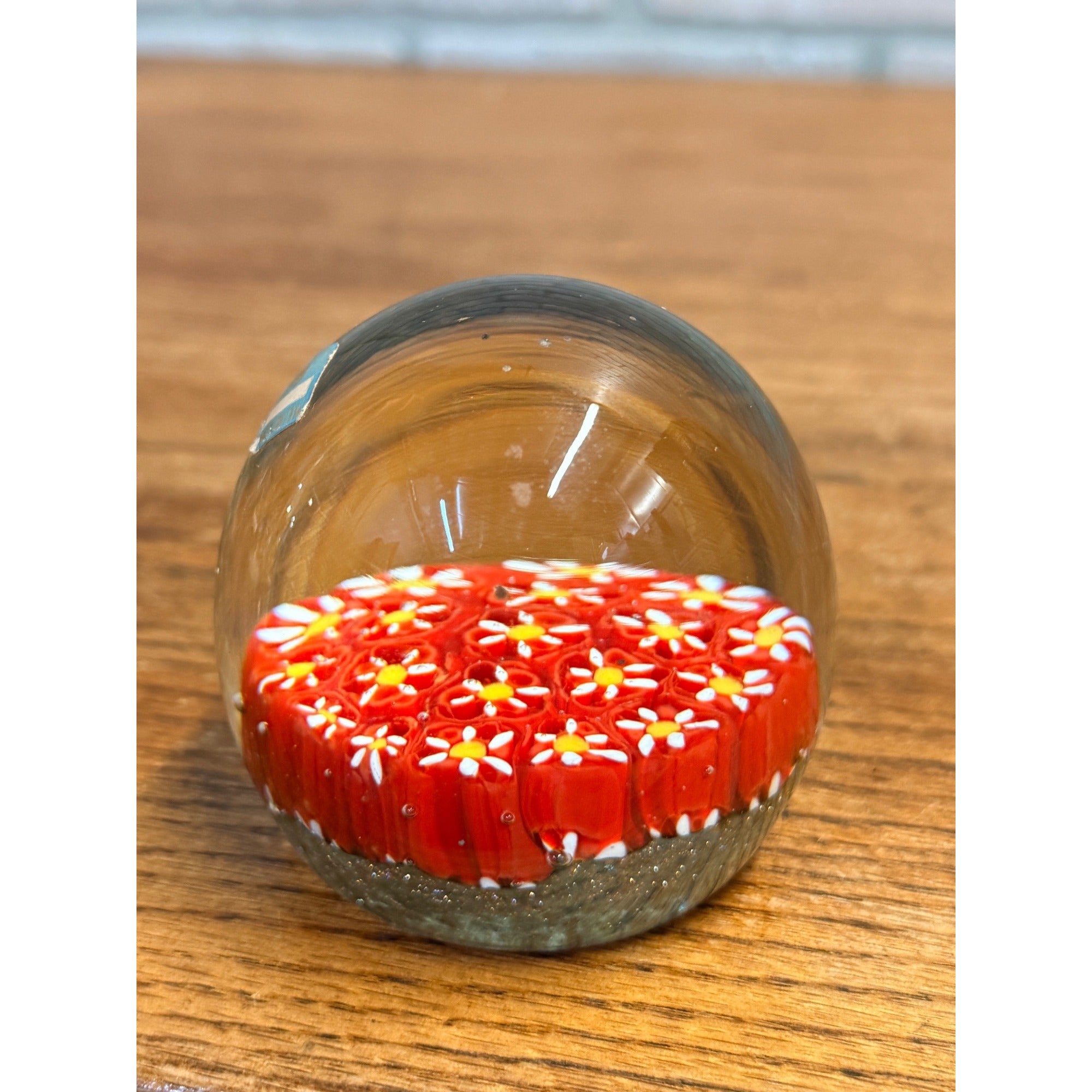 Vintage Murano Millefiori Glass Paperweight Red Flowers